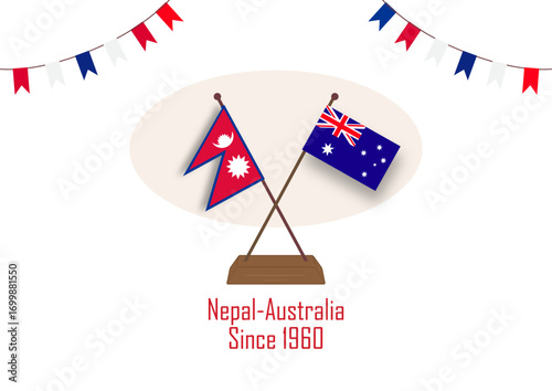 Nepal Australia cross flag vector illustration featuring both national flags crossed together, suitable for international relations, cultural exchange, travel, tourism, events, posters, educational
