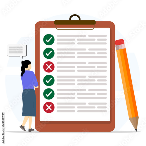 A woman standing and looking on front of big clipboard with accept green marks and reject red marks. Concept of survey form and evaluation.