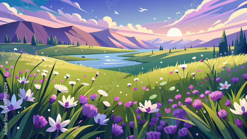 Very beautiful panoramic view of a peaceful grassland, dotted with delicate purple and white wildflowers. Close-up petals shimmer under soft sunlight, creating a dreamy scene of nature’s gentle elegan