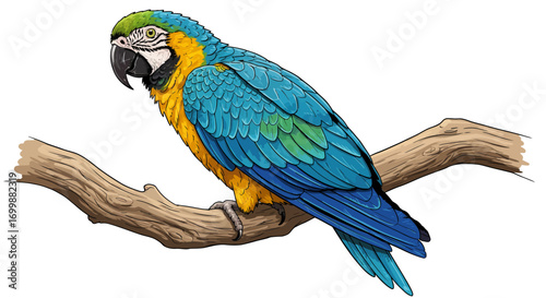 Colorful Blue and Gold Macaw Perched on Branch.