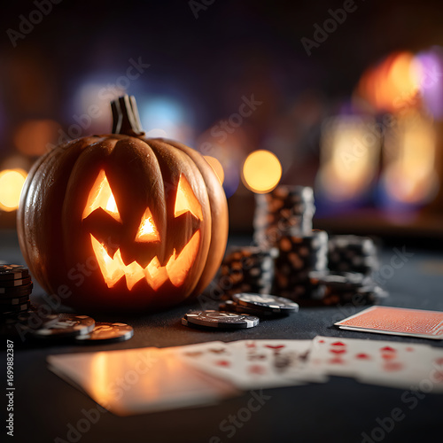 Halloween Casino Night: A carved pumpkin glows amidst poker chips and playing cards, creating a festive gambling atmosphere.