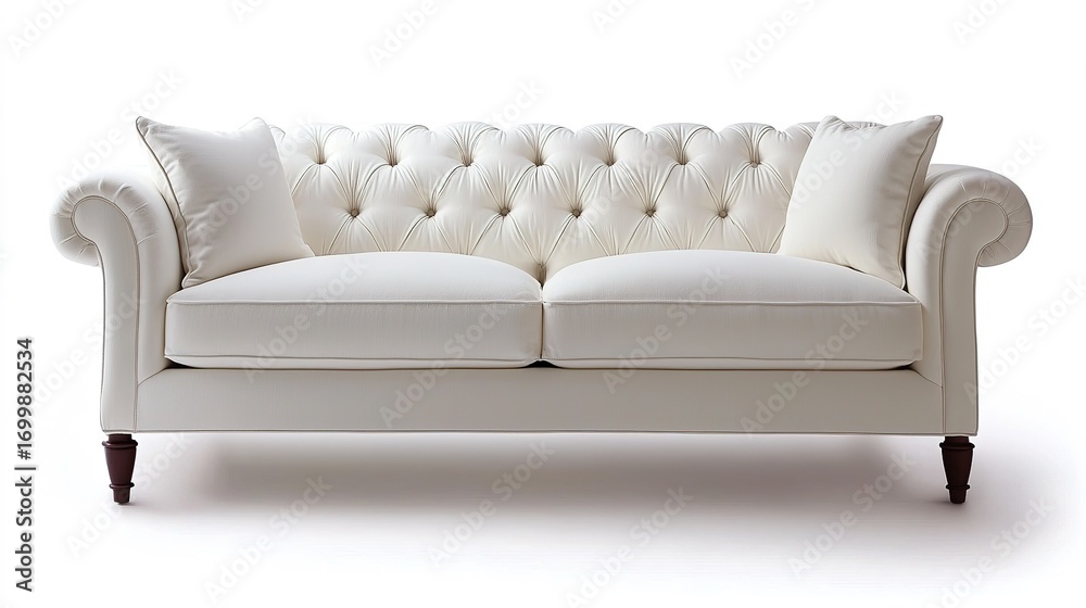Fototapeta premium A stylish, white, tufted sofa with plush cushions, featuring elegant rolled arms, perfect for any modern living space.