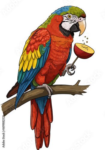 Colorful Macaw Perched on Branch Eating Apple Slice Illustration.