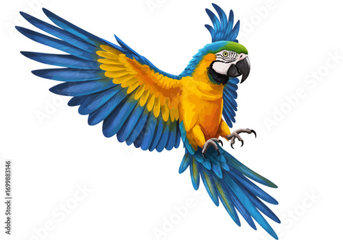 Vibrant Blue and Gold Macaw in Flight Illustration.