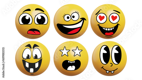 Set of emoji emoticons with funny faces and cartoon expressions