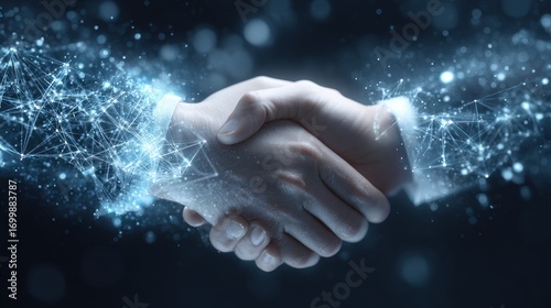 Business deal handshake virtual environment abstract holographic concept negotiation digital interface professional setting