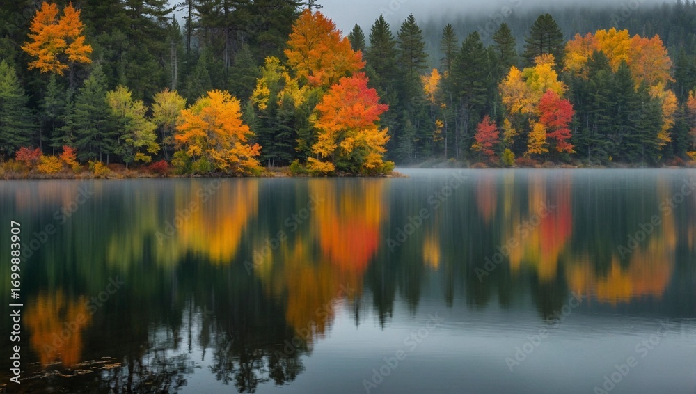 Fototapeta premium A tranquil forestal autumn scene of vibrant orange and yellow trees mirrored in a lake. Serene picturesque landscape with calm water reflecting the colorful fall season foliage.
