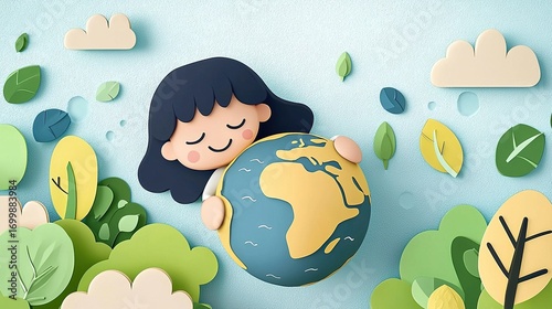 Cartoon girl hugging Earth with paper plane on World Environment Day banner, in doodle-style flat design with pastel colors, simple background, joyful and friendly mood

