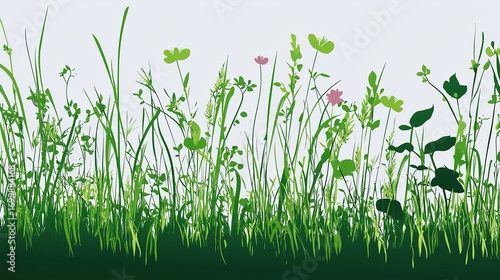 Minimalist tall grass and tiny wildflowers on white background with clean lines and symmetrical composition, high resolution nature illustration in modern flat design style