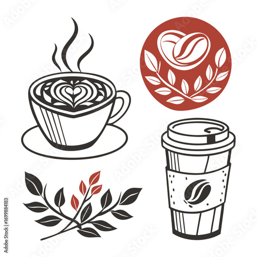 Coffee icons and decorative elements Keywords: coffee, cup, latte art, heart, steam, coffee bean