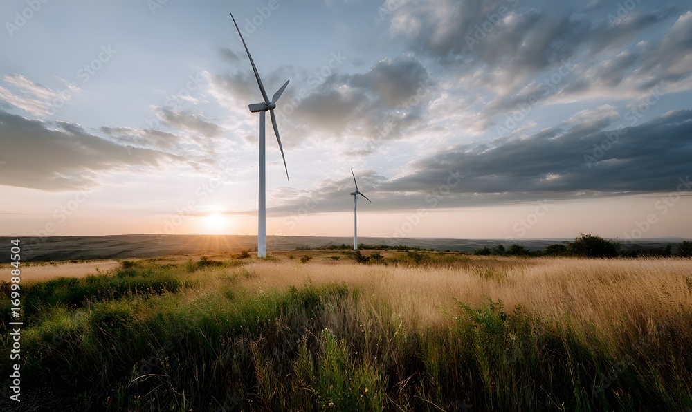 Obraz premium Wind turbine field at sunset, cinematic warm light, wide-angle view