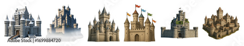 Fantasy castle set including medieval, royal, fortified, and snowy designs isolated. Architectural elements for design and storytelling.