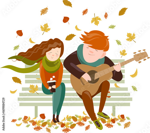 Boy plays guitar for a girl in the autumn park. Vector illustration