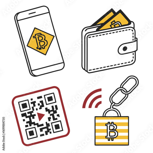 Digital wallet and cryptocurrency payment icons bitcoin