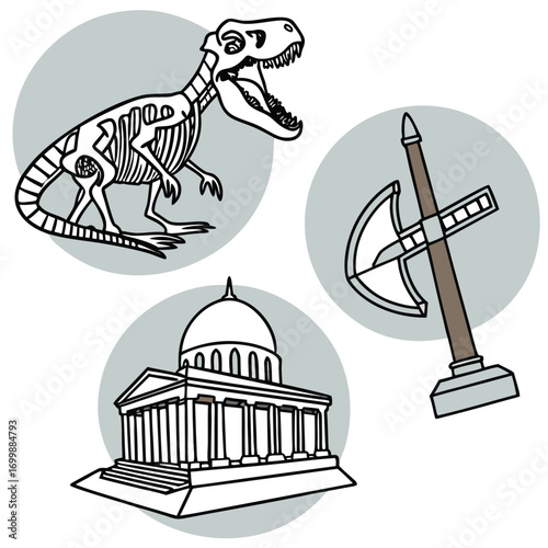 Dinosaur skeleton ancient building and axe icons t-rex