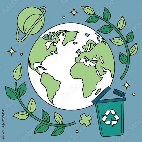 Earth surrounded by leaves and a recycling bin planet