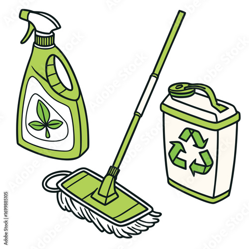 Eco-friendly cleaning supplies and recycling bin green