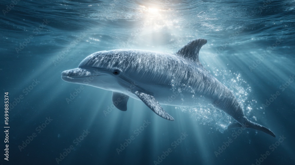 Fototapeta premium Dancing dolphin underwater ocean depths gigapixel image sunlit waters majestic viewpoint marine life concept