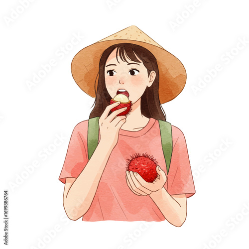 Girl wearing a hat enjoying a fresh rambutan, capturing a tropical vacation moment of pure bliss