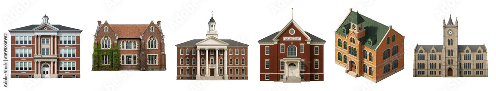 Naklejka premium Historic academic building set including classic, Gothic, and collegiate architectural styles isolated. Education and campus facilities.