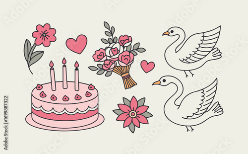 A love-filled illustration combining multiple doodle objects such as swans, doves, floral bouquets, and a heart-decorated birthday cake with glowing candles