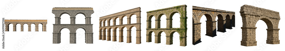 Fototapeta premium Ancient stone aqueduct set including multi-story, long sections, and weathered structures isolated. Historical architecture elements.