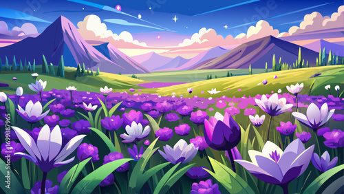 Gorgeous panoramic grassland scene filled with vibrant purple and pure white blossoms. Close-up details reveal silky petals glistening with morning dew, capturing the serene beauty and fragile wonder 