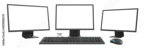 Three computer monitors with a keyboard and mouse showcasing a modern workstation setup for business or gaming display blank screens