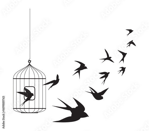 Freedom emblem. Swallow birds soaring out of their cage