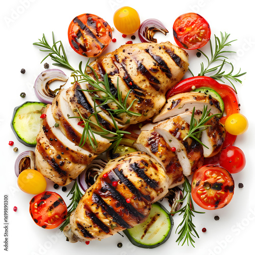 Sliced Grilled Chicken Breast & Vegetables, Top-Down on White
