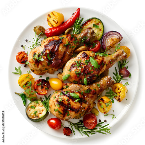 Grilled Chicken Legs on Plate with Vegetables, Overhead View