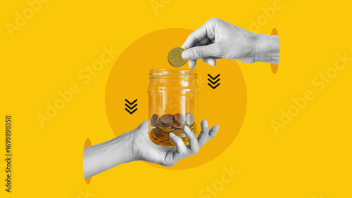 Photos Hand putting coins inside of glass jar is symbolizing time to save money, crowdfunding, investment and interest