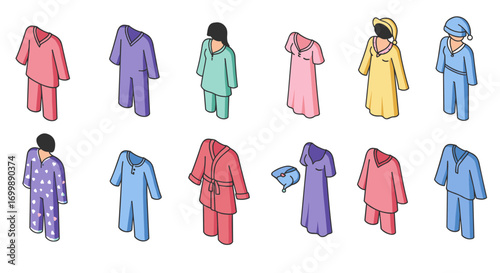 Isometric pajama collection: diverse styles and colors of sleepwear outfits