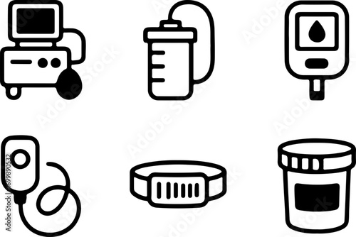 Collection of medical and healthcare related line icons depicting various devices and equipment for diagnosis and treatment.