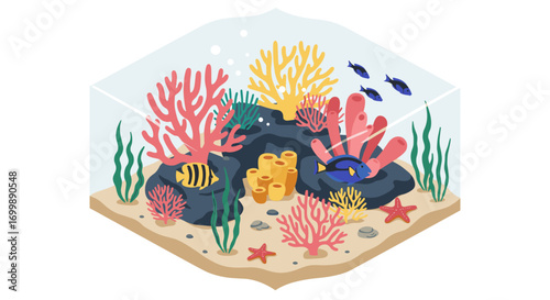 Vibrant coral reef scene with fish and marine life in isometric style