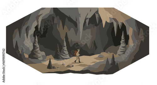Adventurer walking through a rocky cave in a flat modern design