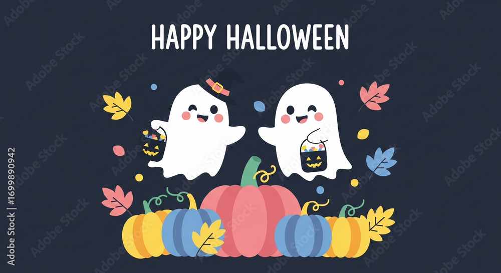 Fototapeta premium Happy Halloween Cute Ghost Friends, Pumpkins, and Autumn Leaves Celebration