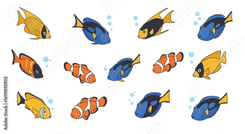 Colorful cartoon fish collection with tropical marine creatures and bubbles