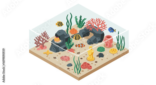 Colorful isometric aquarium with exotic fish and coral reefs in a glass tank