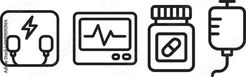 Set of line art icons depicting essential medical equipment and healthcare treatments, including a defibrillator, ECG monitor, pill bottle, and IV drip.