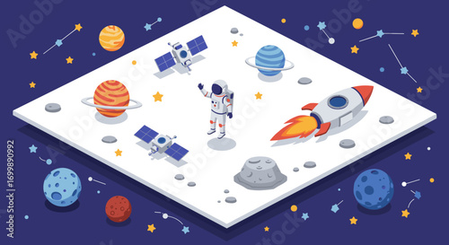 Isometric space exploration with astronaut, planets, and rocket in a cosmic scene