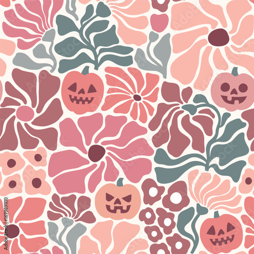 Seamless vector pattern with hand drawn groovy vintage flowers and Halloween pumpkins. Muted color palette autumn floral illustration. Perfect for textile, wallpaper or print design.