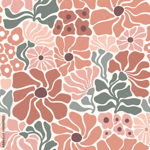 Seamless vector pattern with hand drawn groovy vintage flowers. Muted color palette floral illustration. Perfect for textile, wallpaper or print design.