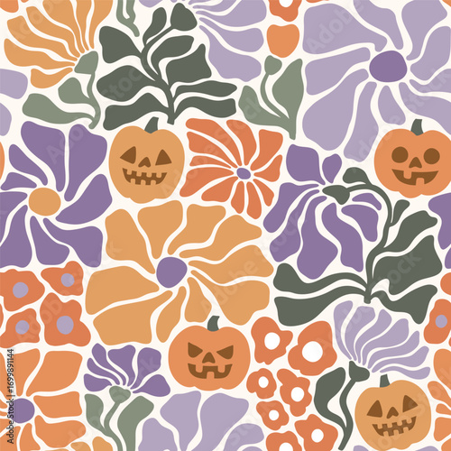 Seamless vector pattern with hand drawn groovy vintage flowers and Halloween pumpkins. Muted color palette autumn floral illustration. Perfect for textile, wallpaper or print design.