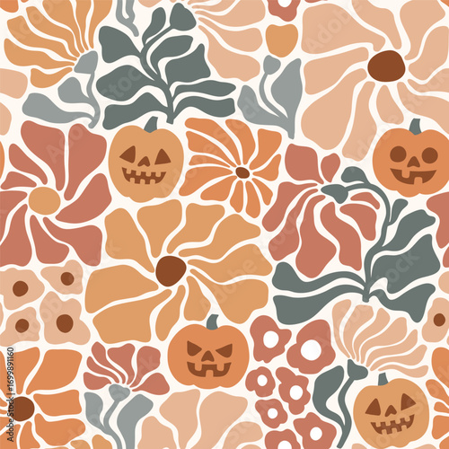 Seamless vector pattern with hand drawn groovy vintage flowers and Halloween pumpkins. Muted color palette autumn floral illustration. Perfect for textile, wallpaper or print design.