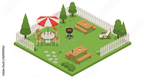 Cozy backyard picnic area with trees, fence, and bbq in isometric style