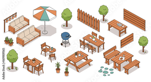 Backyard furniture and accessories in isometric style