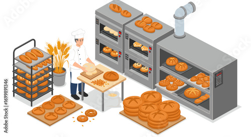 Bakery chef preparing fresh bread in modern kitchen with industrial ovens and ingredients