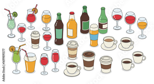 Colorful beverage collection with wine, beer, and coffee in modern flat style