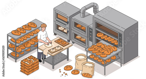 Isometric bakery kitchen with bread ovens and pastry chef in action